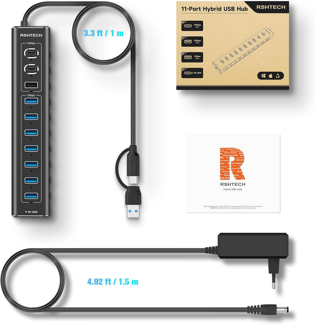USB C 3.2 Hub Aktiv mit Netzteil (60W 12/5A), RSHTECH 11-Port USB C 3.1 Gen2 Hub mit 20W PD, 3 * 10G