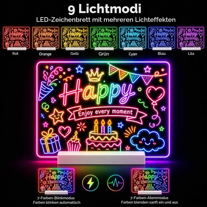 LED Zeichenbrett, Wiederaufladbare LED Notiztafel mit Farben, LED Maltafel Kinder mit 12 Farben Stif
