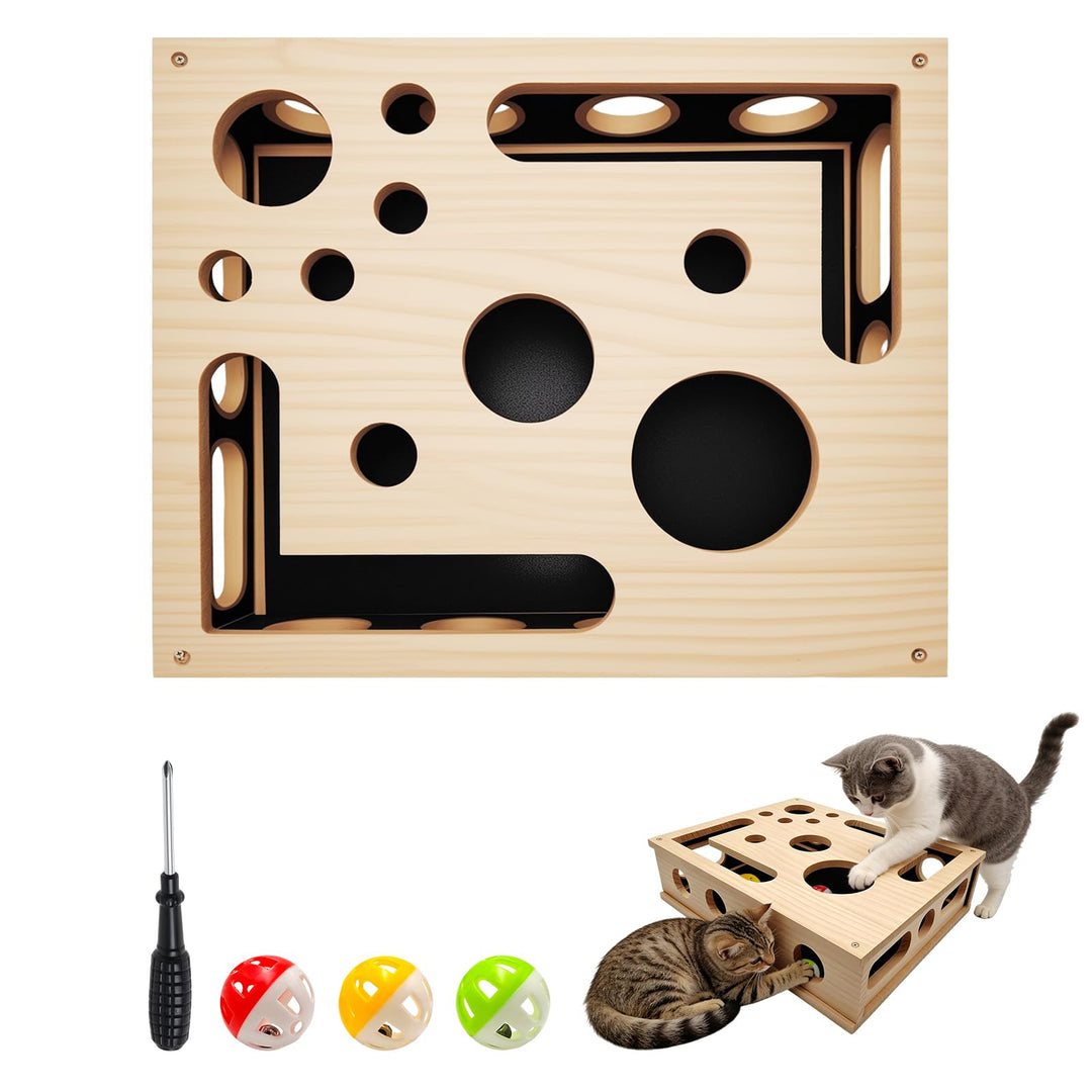 Beschäftigungsbox Katzen, Kratzpuzzle Spielbox Holz Katzens, Interaktives Spielzeug Katzens mit Bäll