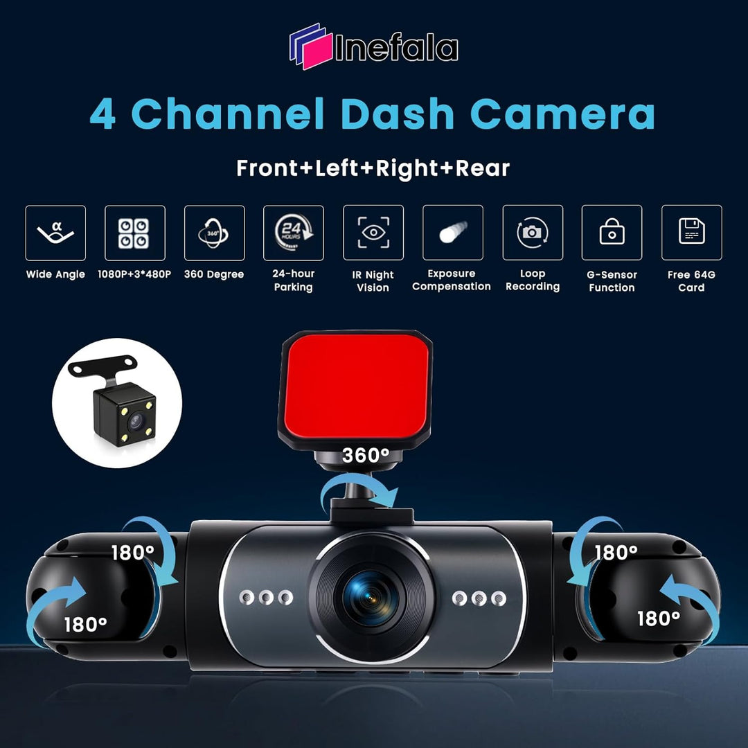 4 Kanal Dashcam Auto, 360 Grad Dashcam FHD 1080P Vorne Hinten Innen Links und Rechts, mit 3.16" Disp