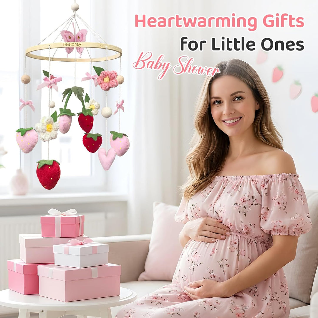 Mobile Baby mit Erdbeere, Blumen und Filzbällen Mädchen baby mobile windspiel für Babybett, Mobile B