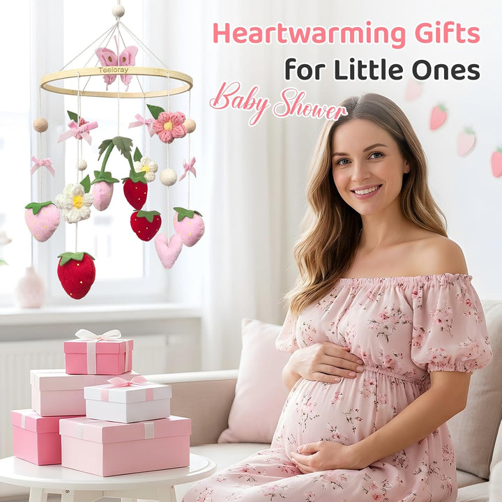 Mobile Baby mit Erdbeere, Blumen und Filzbällen Mädchen baby mobile windspiel für Babybett, Mobile B