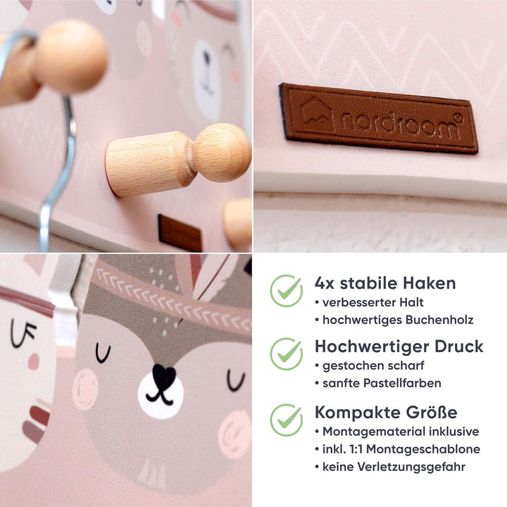 Kindergarderobe mit 4 Haken - Wandgarderobe mit Tiermotiven für Kinderzimmer - Garderobenhaken aus H