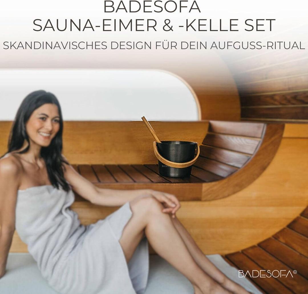 BADESOFA Sauna-Eimer mit Kelle Set – Saunakübel 5 L Aluminium Schwarz mit Bambusgriff – Skandinavisc