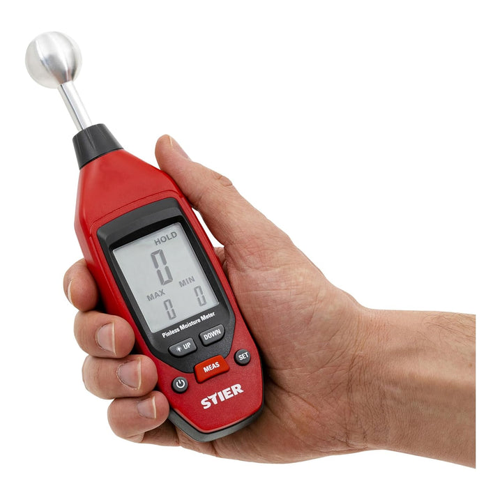 STIER Feuchtigkeitsmessgerät, bis 40 mm Tiefe, Messbereich 0-100, LCD-Display, praktische Alarm- & H