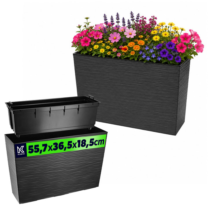 KADAX Blumenkasten aus Kunststoff, 18,5x55,7cm, 5 Farben, Blumentopf mit Bewässerungsbändern, Balkon
