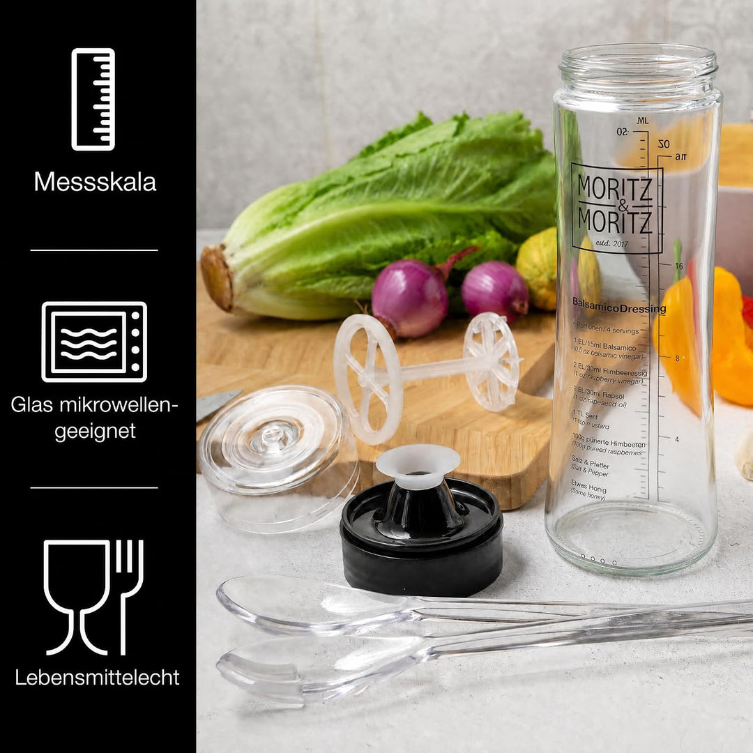Moritz &amp; Moritz 2-tlg. Set: Dressingshaker 500 ml + Salatbesteck – Salatdressing Shaker Glas mit Ska