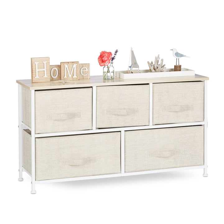 Relaxdays Regalsystem, 5 Stoff-Schubladen, universale Schubladenbox, Metall und Holz, HxBxT: 54,5 x