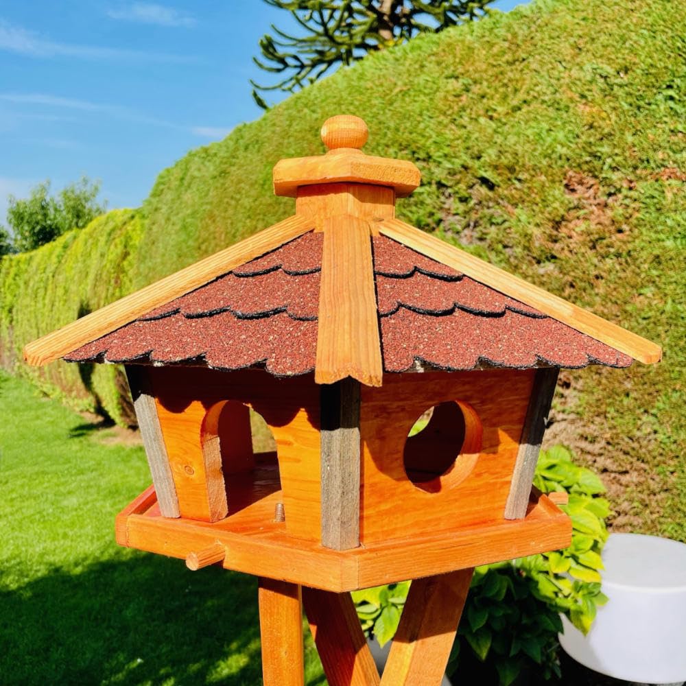 Vogel Futter Haus L oder XL Sechseck Holz Vogelhaus Futterstelle Braun/Blau, Rot, Schwarz und Grün (