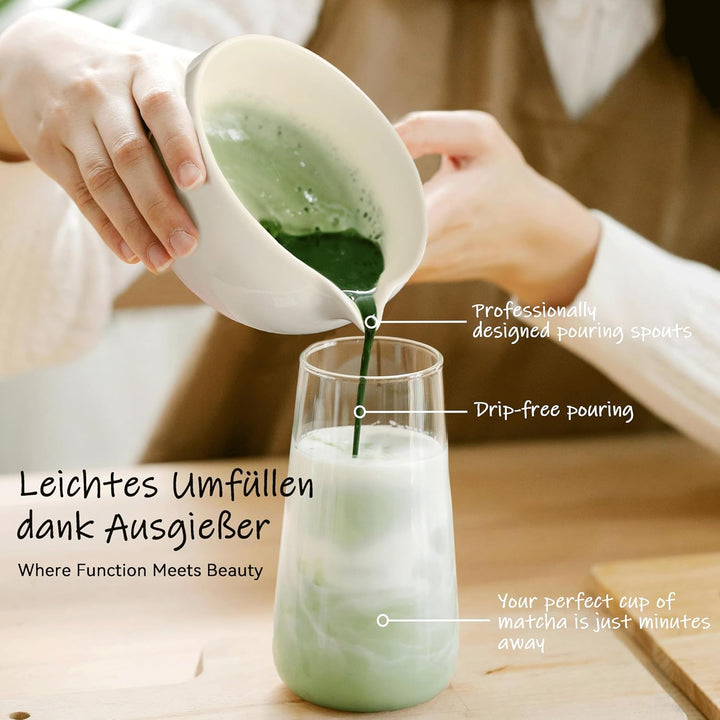 Matcha Set Beige (8-teilig) und Schale mit Ausgiesser, Premium Matcha Tee Set für Matcha Latte Zuber