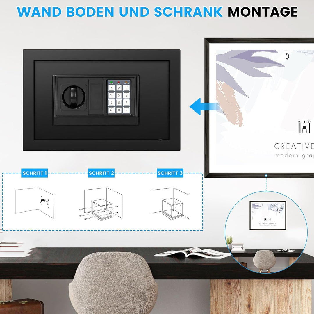 Klein Tresor für Zuhause, 15L Digitaler Möbeltresor Klein mit Feuerfester Wasserdicht Geldtasche, He