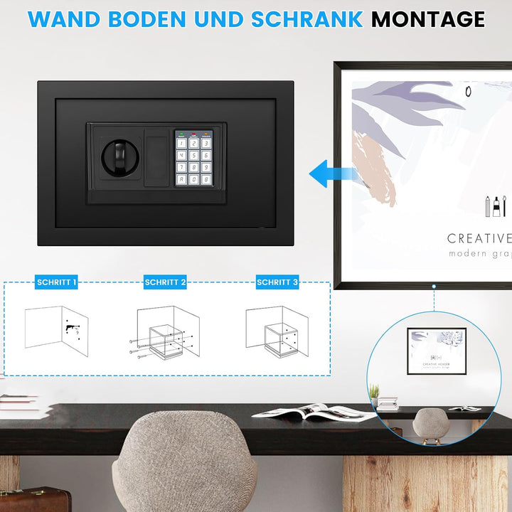 Klein Tresor für Zuhause, 15L Digitaler Möbeltresor Klein mit Feuerfester Wasserdicht Geldtasche, He