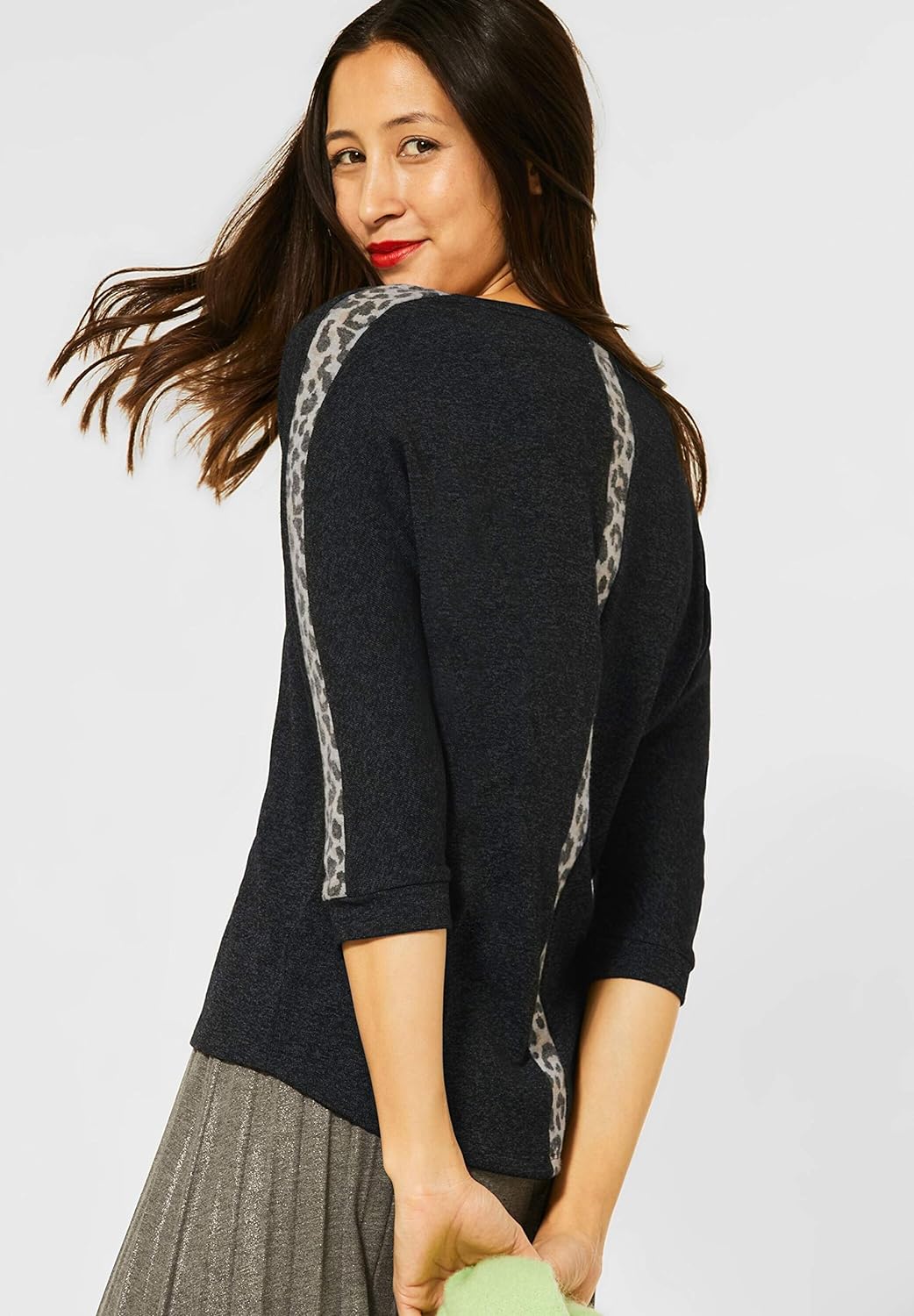 Street One Damen Shirt mit Leo-Details Anthracite Melange 36 Rundhalsausschnit, Flammgarn, 3/4-Arm,