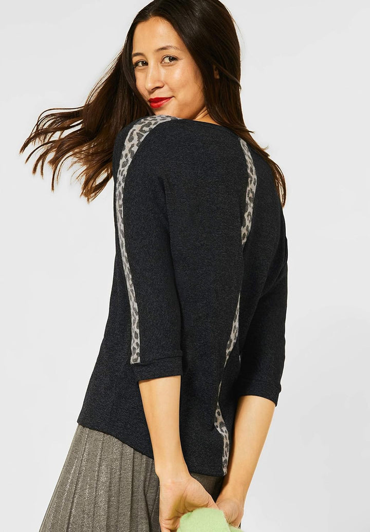 Street One Damen Shirt mit Leo-Details Anthracite Melange 36 Rundhalsausschnit, Flammgarn, 3/4-Arm,