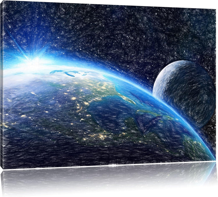 Pixxprint Erde und Ihr Mond aus dem All als Leinwandbild/Grösse: 100x70 cm/Wandbild/Kunstdruck/ferti