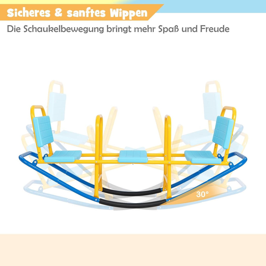 DREAMADE 3 Sitzer Kinder Wippe mit Rückenlehnen und Griffe, Schaukelwippe Metall 136x60x39cm, Karuss