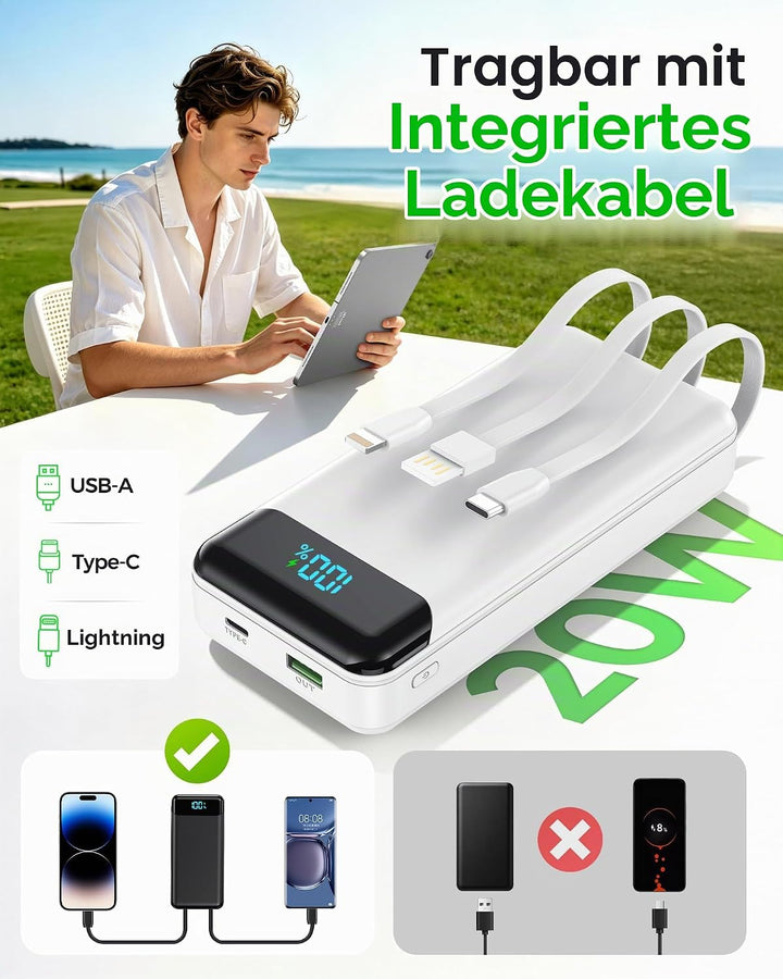 Enerwow Power Bank 27000mAh 22.5W Schnellladen mit Integriertem USB-C Kabel | Externer Akkupack 4 Au