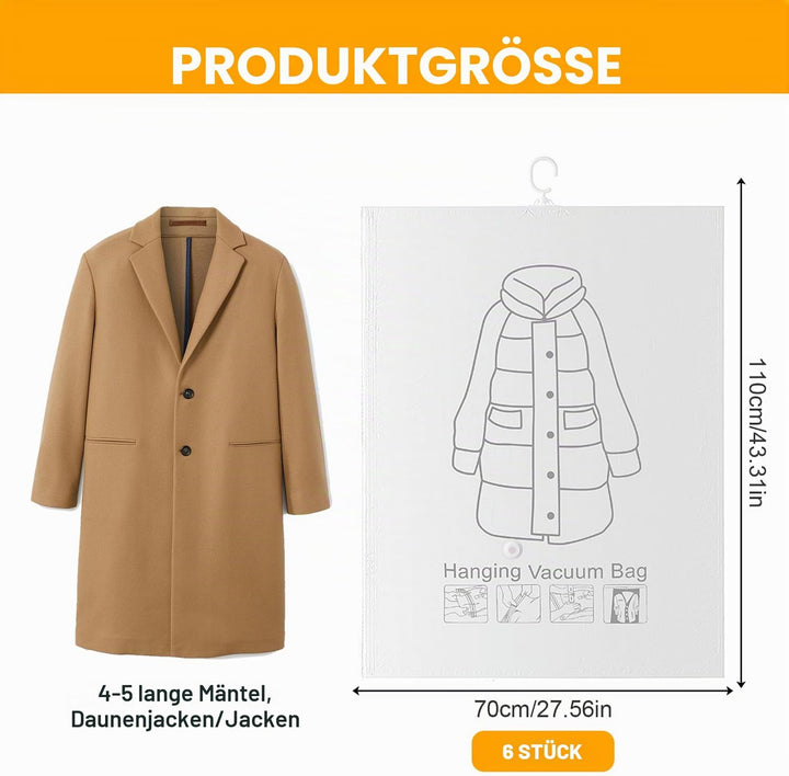 6 Stück Hängende Vakuumbeutel für Kleidung 110×70 cm, Vakuumierbeutel mit Handpumpe &amp; Haken, Staub F