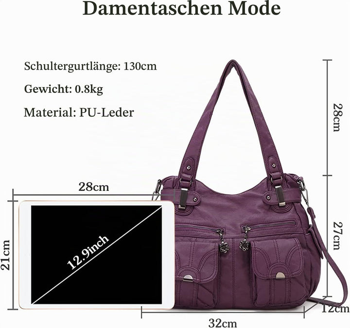 FANDARE Gross Schultertasche Damen Umhängetasche Frauen Vintage Schulranzen Wasserdicht PU Leder Wom