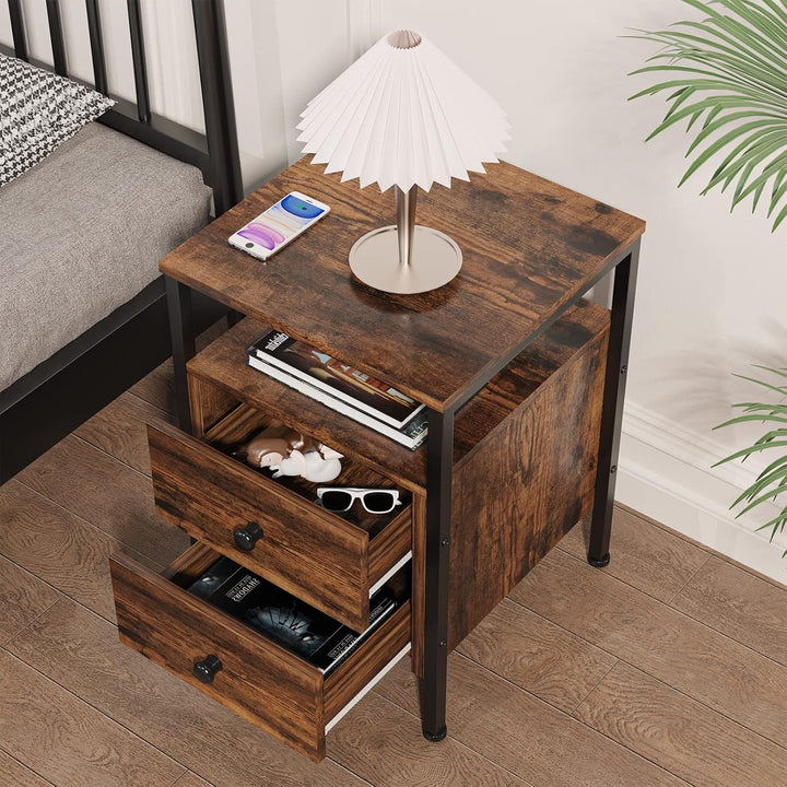 Nachttisch, Beistelltisch mit Ladestation und USB-Anschlüssen, Beistelltisch mit 2 Schubladen und Ab