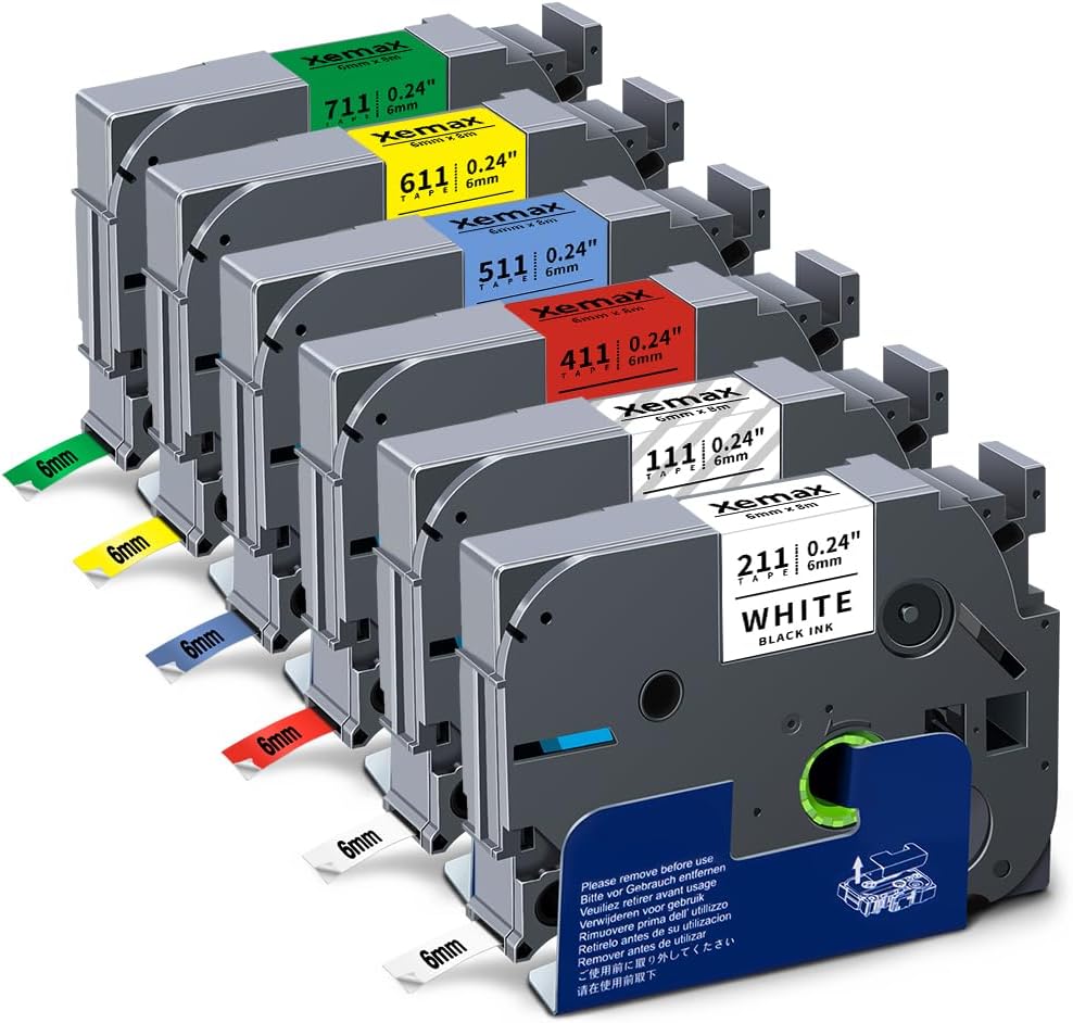 6x XemaX Kompatibel Schriftband Ersatz für Brother P-touch Bänder TZe-211 TZe-111 TZe-411 TZe-511 TZ