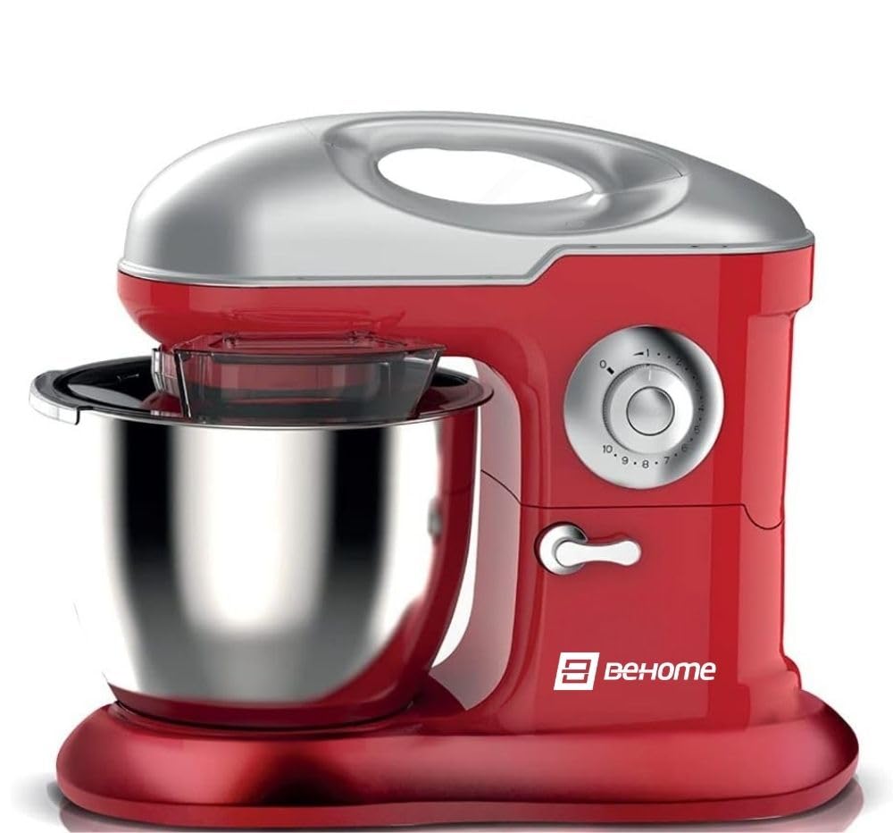 Behome Professionelle Planetenknetmaschine 6,5L rot | 10 Geschwindigkeiten, 2 Schneebesen und 1 Knet