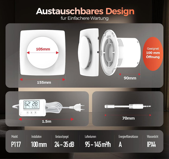 Badlüfter mit Feuchtigkeitssensor Temperatursensor Timer - 3 Stufen Bad Lüfter 100mm - Automatischer