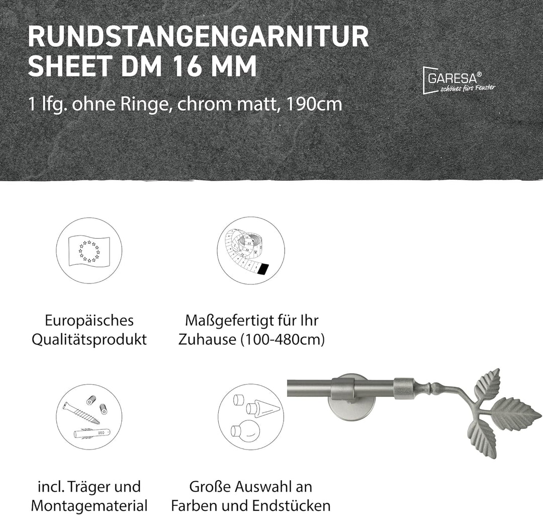 Garesa Gardinenstange Sheet Ø 16mm, 1-läufig, Chrom, matt I Stabile Vorhangstange ohne Ringe I Mit E