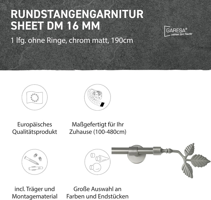 Garesa Gardinenstange Sheet Ø 16mm, 1-läufig, Chrom, matt I Stabile Vorhangstange ohne Ringe I Mit E