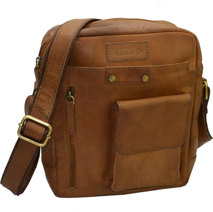 flevado Leder Schultertasche Umhängetasche Unisex Büffelleder Studitasche Freizeittasche (hellbraun)