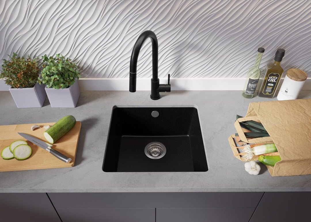 Unterbauspüle Granit Schwarz 46x44 cm, Granitspüle 1 Becken + Ablauf-Set + Küchenarmatur, Küchenspül