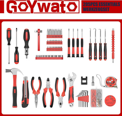 GoYwato Werkzeugkoffer Gefüllt 205tlg - Haushalt Werkzeug Set Werkzeugkasten Gefüllt mit Schraubendr