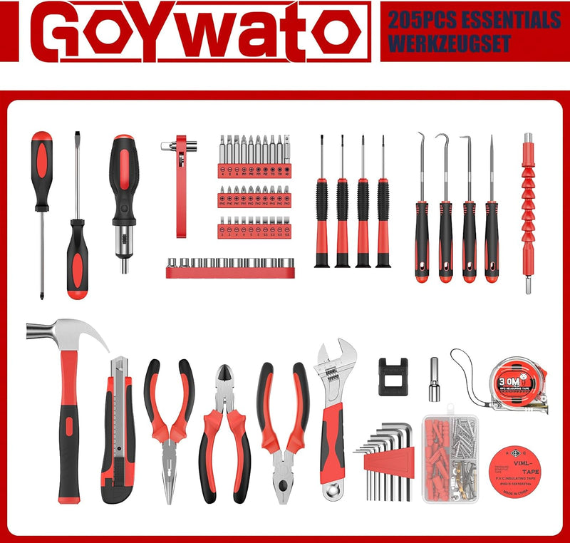 GoYwato Werkzeugkoffer Gefüllt 205tlg - Haushalt Werkzeug Set Werkzeugkasten Gefüllt mit Schraubendr