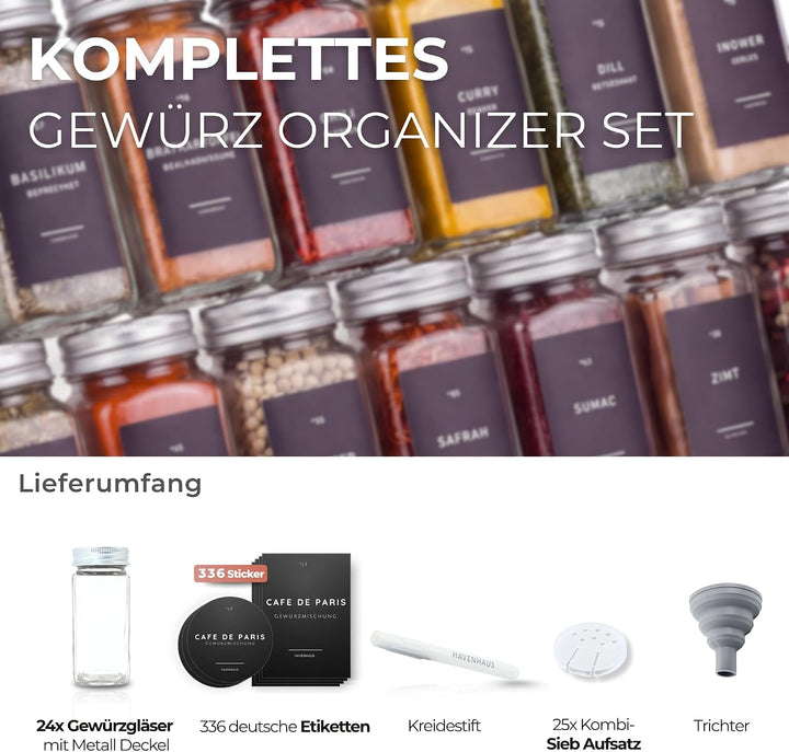 Havenhaus Premium Gewürzgläser Set Aluminium | 24 Gewürz Organizer inkl. 336 deutschen Gewürzetikett