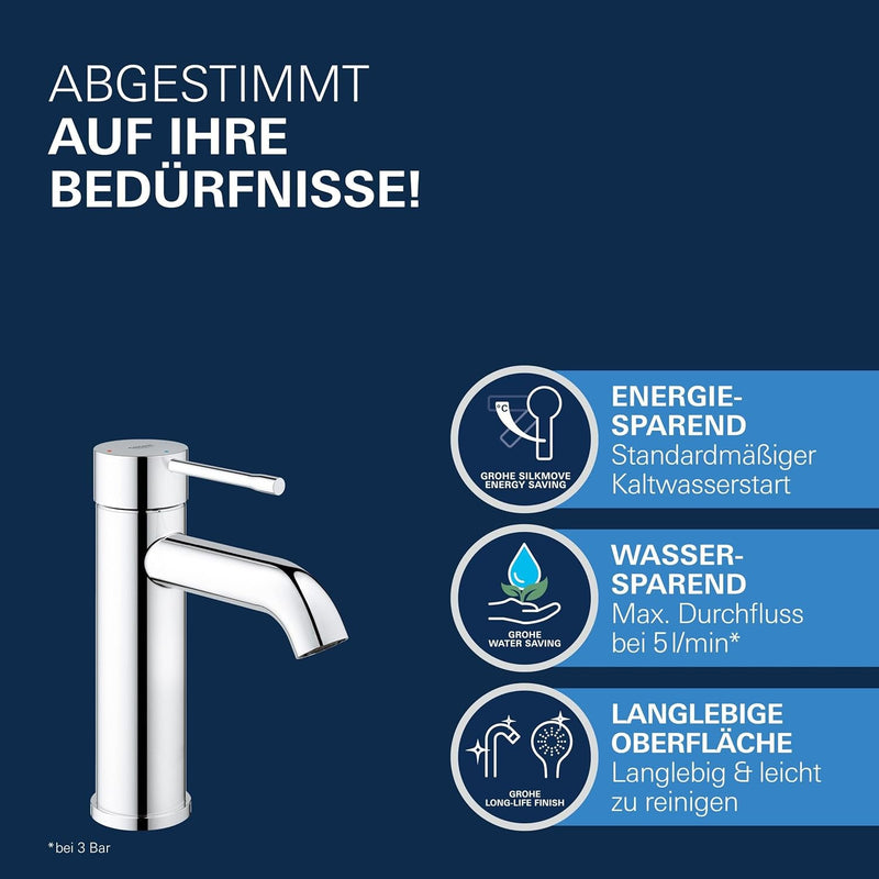 GROHE Essence - Einhand-Waschtischarmatur (wassersparend, Einlochmontage, langlebige Oberfläche), ch