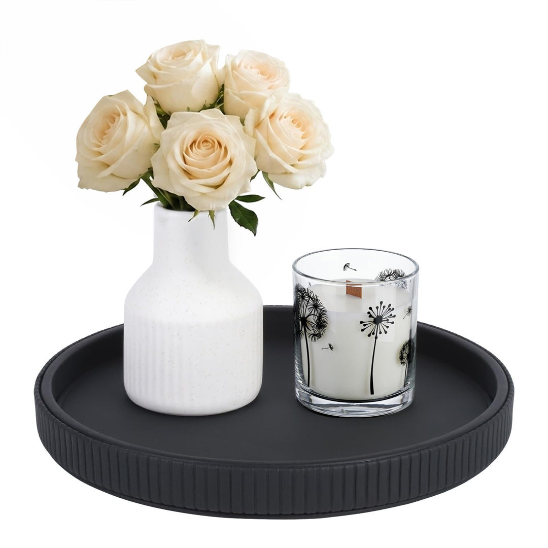 HofferRuffer Round Serving Tray, Leather Decorative Tray 30cm,Black Schwarz, Schwarz