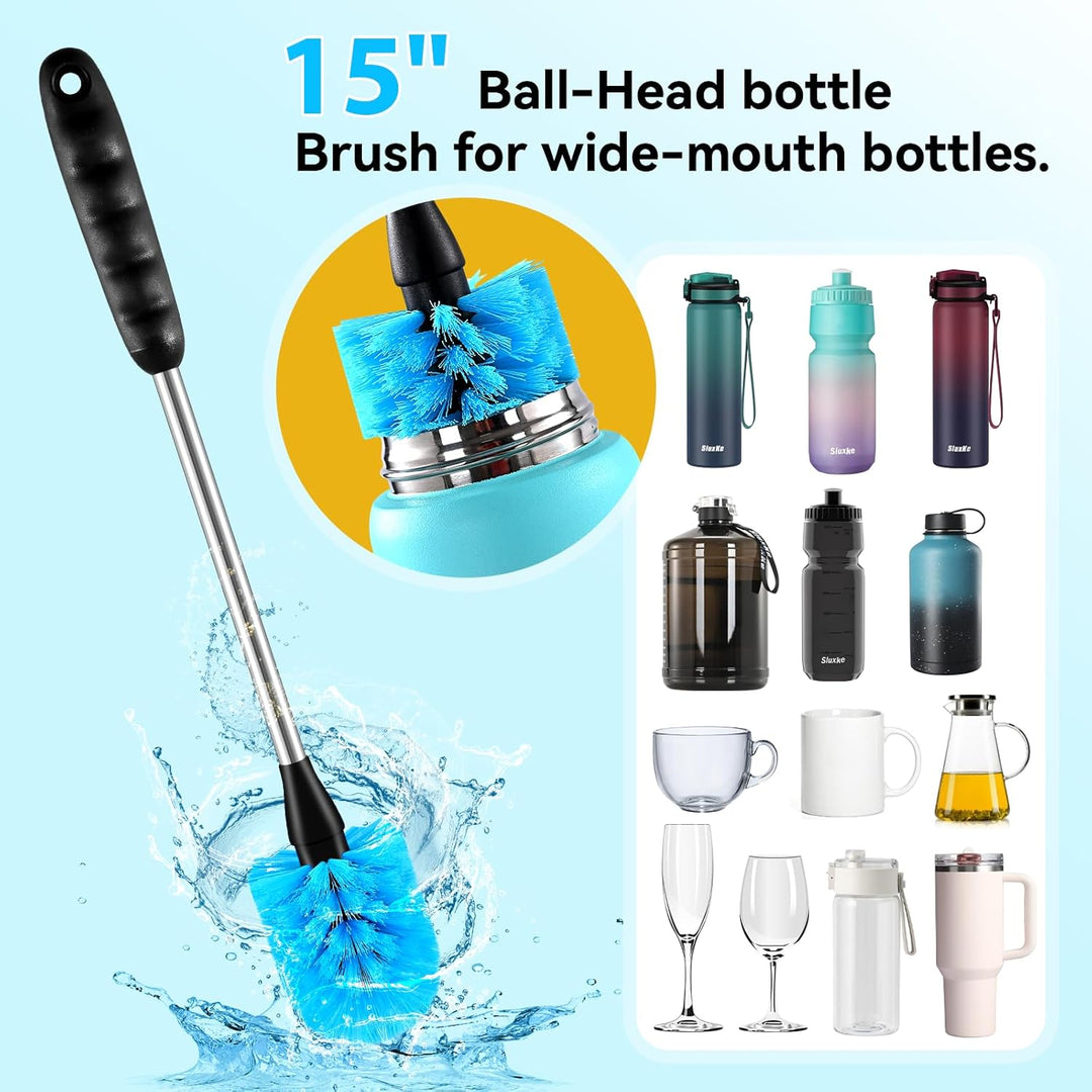 SLUXKE Long Handle Bottle Brush Set with Straw Cleaner Brush and 3 in 1 Cup Lid Cleaning Brush, Wate