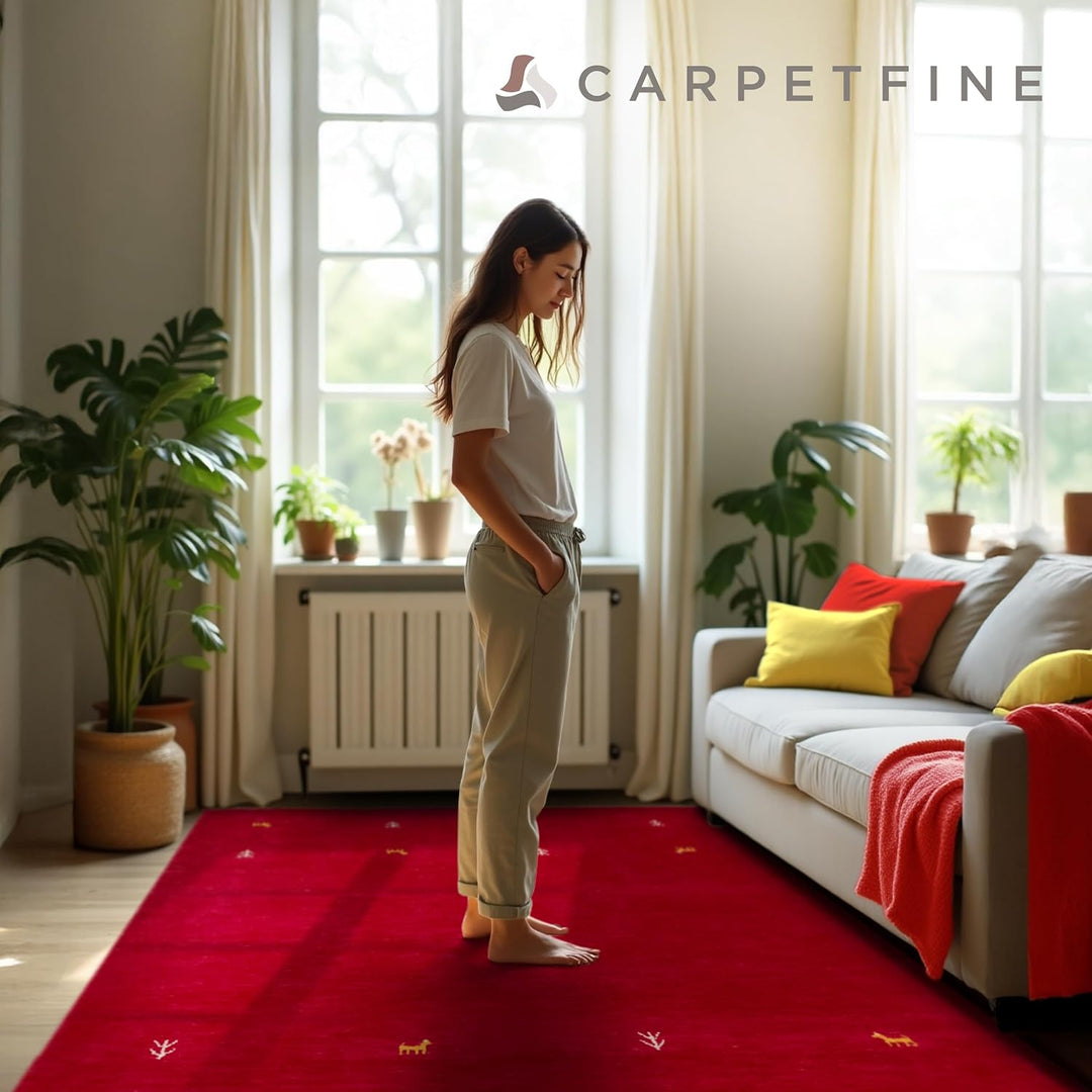 carpetfine Wollteppich Gabbeh Uni Rot 60x90 cm | Moderner Teppich für Wohn- und Schlafzimmer Rot 60