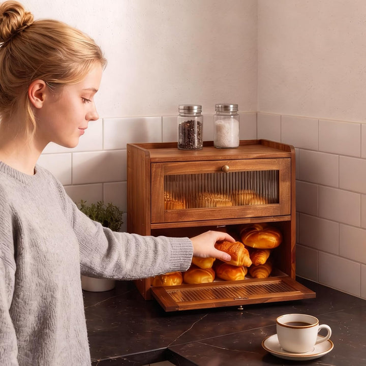 Brotkasten Holz, 2 Etagen Gross Brotbox mit Belüftungsloch, Längere Frische & Einfache Pflege, Küche