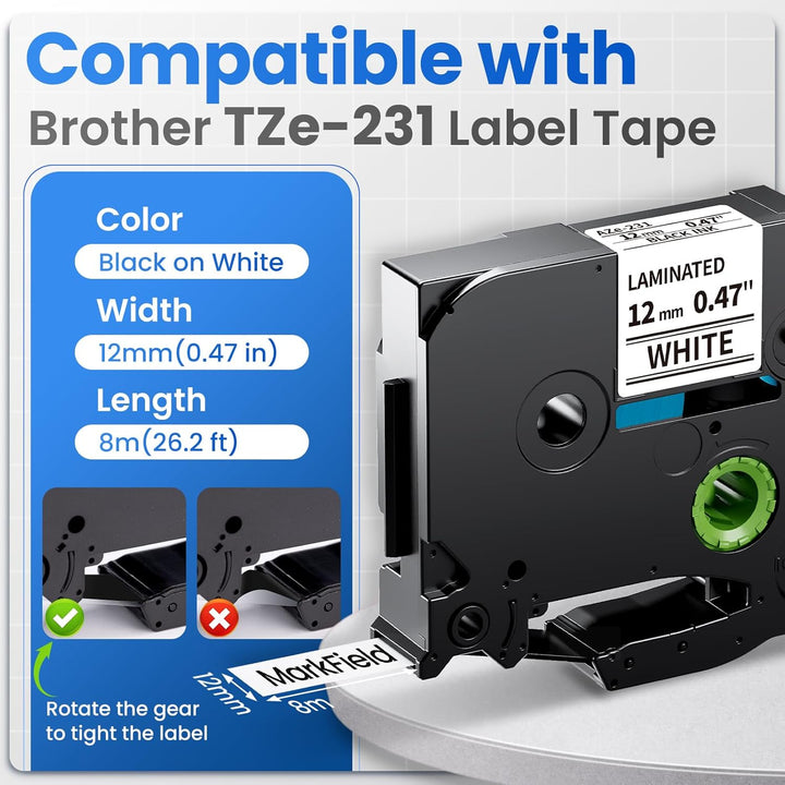 MarkField TZe-231 12mm Weiss Schriftband Kompatibel mit Brother P-Touch Bänder TZ TZe231 für Brother