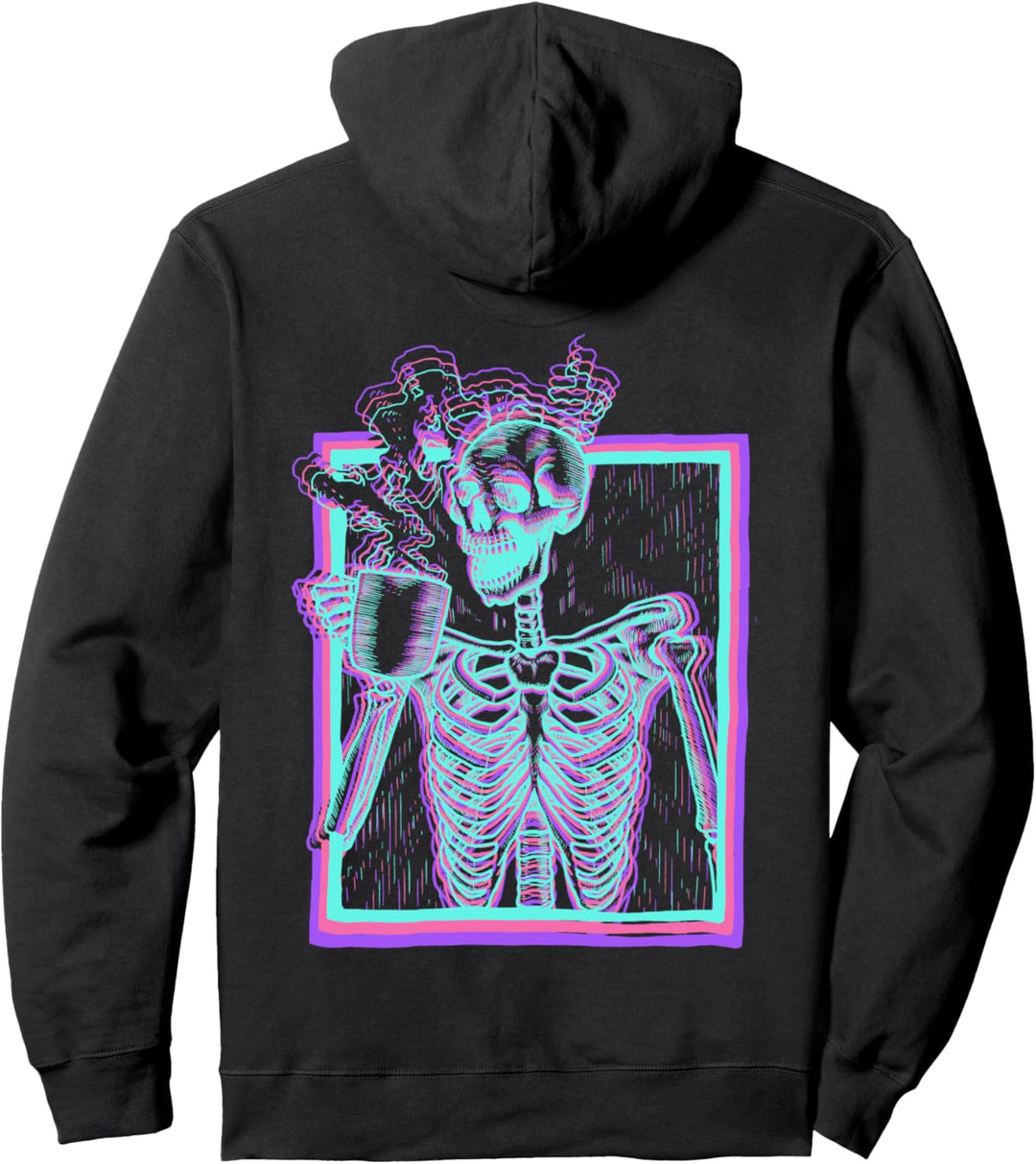 Synthwave ästhetischer Skelett Vaporwave lächelnder Totenkopf Kaffee Pullover Hoodie