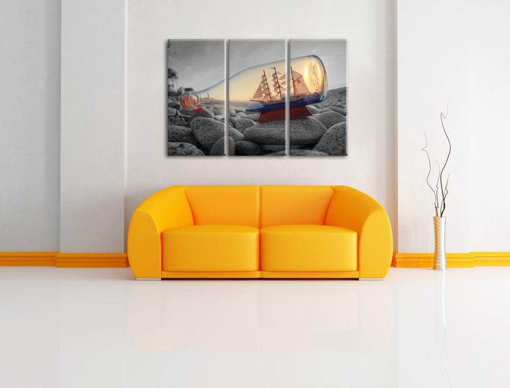 Schiff in Flasche am Steinstrand schwarz/weiss 3-Teiler Leinwandbild 120x80 Bild auf Leinwand, XXL r
