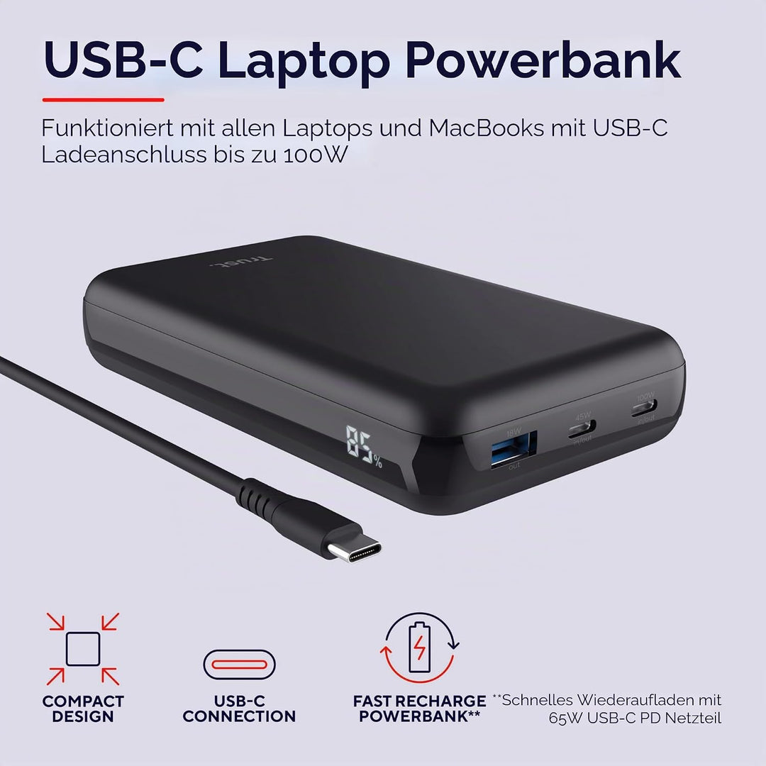 Trust Laro Laptop Powerbank 100W Schnelllade Power Bank 20000mAh 2X USB-C 1x USB-A, Powerstation Cha