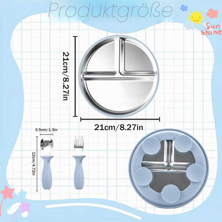 Edelstahl Baby Saugteller Set, Edelstahl Babytelle mit 1 x Gabel und 1 x Löffel, Baby Geschirrmit Ab