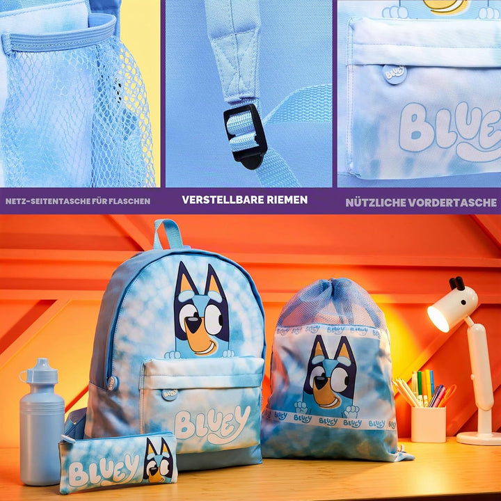 BlueY Rucksack Kinder Set 4 Teilig Trinkflasche Federmäppchen Lunchtasche oder Turnbeutel Kinder für