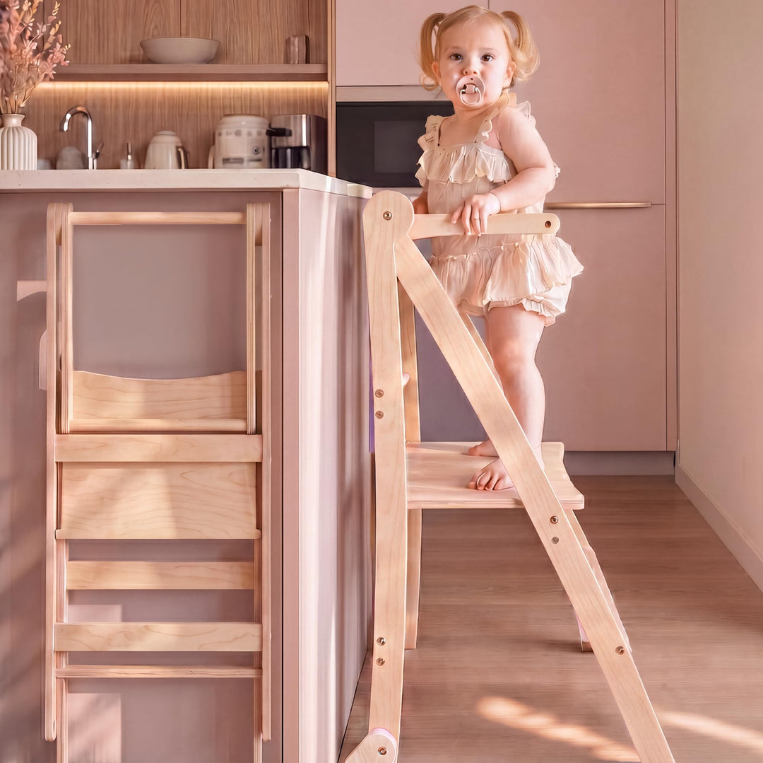 Montessori Learning Tower aus Holz – Faltbarer Lernturm für Kinder, platzsparend, Kippschutz, rutsch