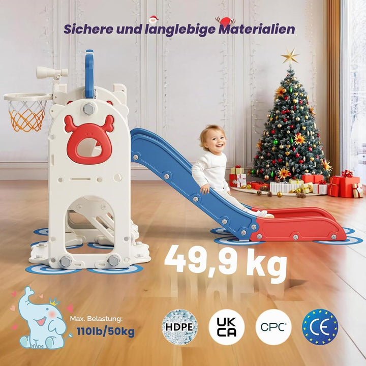 Krovtoy 6-in-1-Kleinkindrutsche, Kleinkindrutsche mit Weihnachtselchmotiv und Schaukelset, Babyrutsc