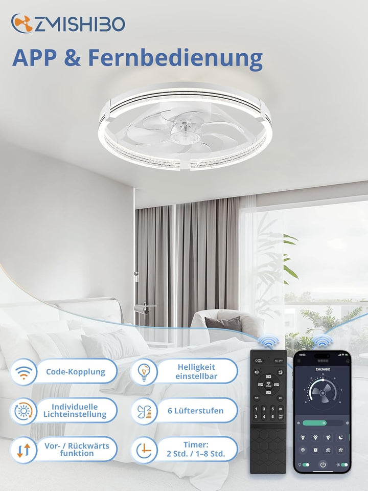 ZMISHIBO Deckenventilator mit Beleuchtung, dimmbare LED 3000K-7000K, 6 Geschwindigkeiten, Umkehrfunk