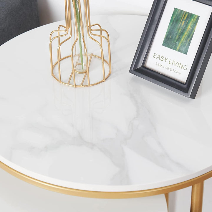 FATIVO Satztisch 2er Set Marmor: Rund Gold Beistelltisch Set - Couchtisch Weiss Wohnzimmertisch mit