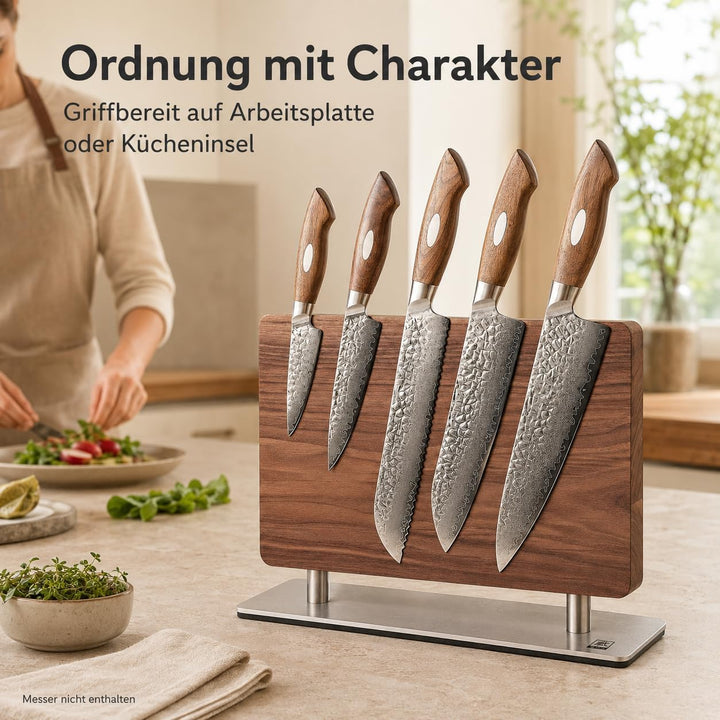 zayiko Premium Doppelseitiger Magnet-Messerhalter aus Walnussholz I Elegante Aufbewahrung für Ihre K